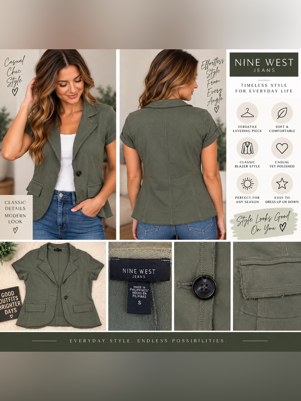 Nine West Olive Green Short-Sleeve Blazer Jacket